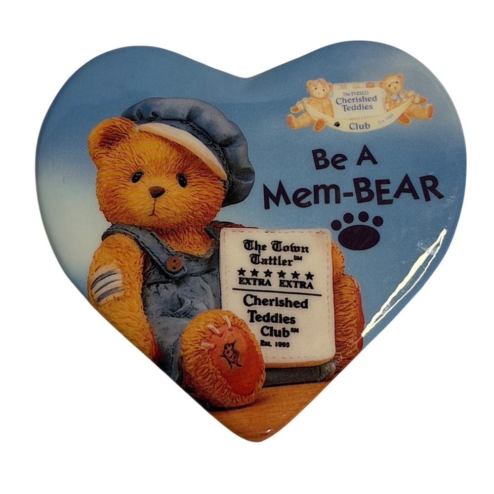VTG Enesco Cherished Teddies Pin Heart Blue Be A MemBEAR Club Member Button 1995